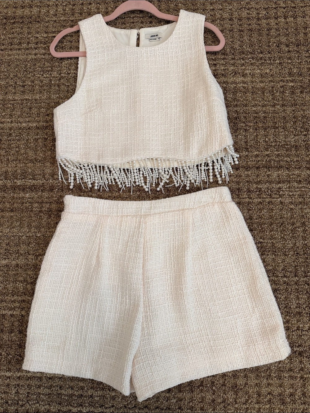Jason Wu Ivory Tweed Beaded Fringe Crop Top & Shorts